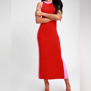 Lulus Hype Woman Red and Pink Color Blocked Ribbed Knit Midi Dress